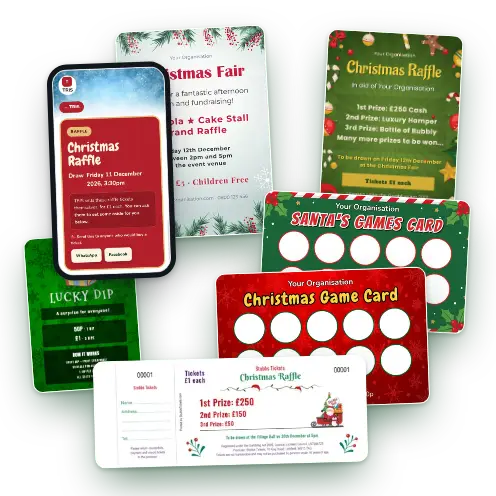 What comes in a fundraiser pack: Christmas posters, a raffle page on a phone, a stall sign, game cards and a raffle ticket