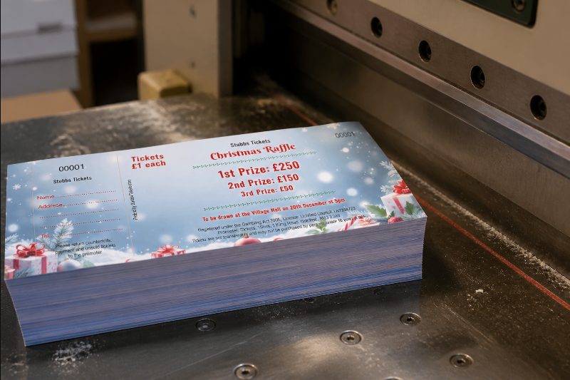 A freshly cut stack of raffle tickets on the guillotine bench