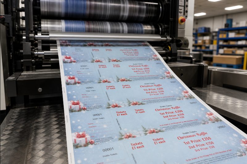 Sheets of raffle tickets coming off the printing press