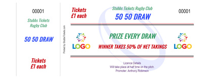 Rugby club 50/50 raffle tickets with branding space
