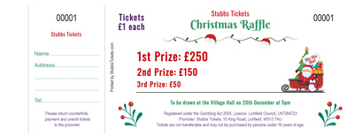 Christmas raffle tickets featuring Santa and his sleigh design