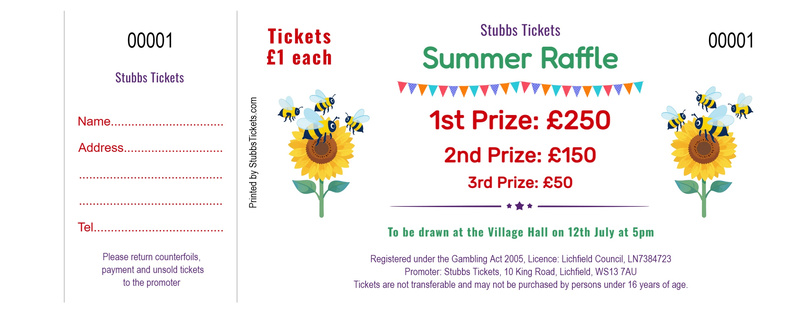 Summer Raffle Tickets - Bright Sunflower and Bees